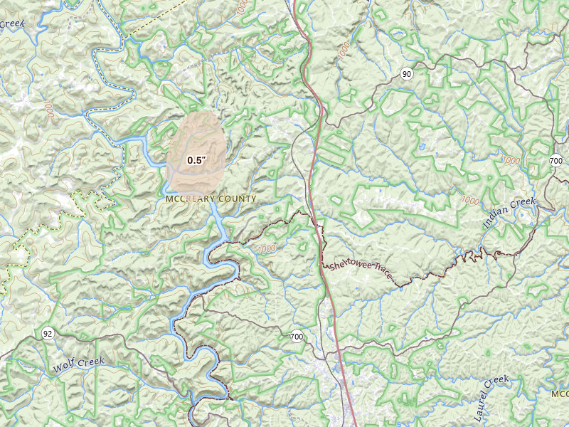 Radar-estimated hail-size map of the storm over Whitley City, KY on Jul 17, 2026