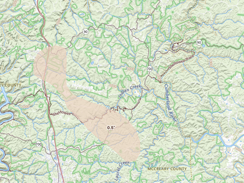 Radar-estimated hail-size map of the storm over Whitley City, KY on Aug 11, 2026