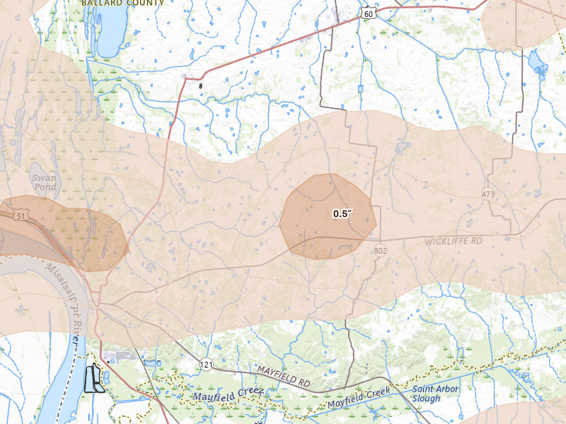 Radar-estimated hail-size map of the storm over Wickliffe, KY on Apr 16, 2026