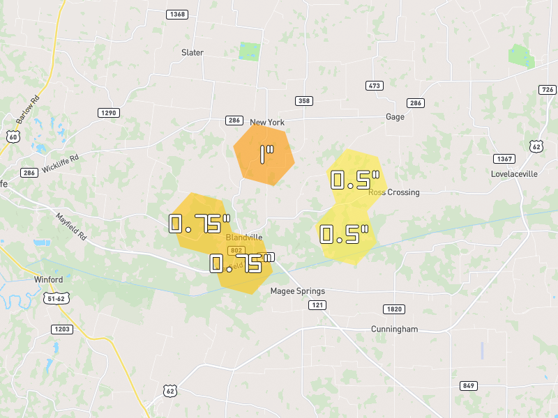 Hail map of Wickliffe, KY on Jun 1, 2026, hail up to 1"