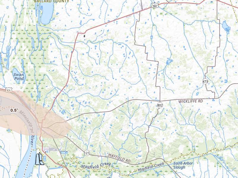 Radar-estimated hail-size map of the storm over Wickliffe, KY on Jun 9, 2026