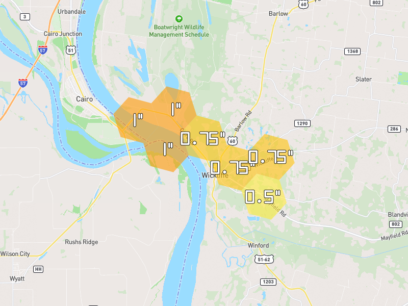Hail map of Wickliffe, KY on Jun 9, 2026, hail up to 1"