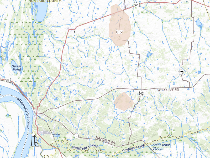 Radar-estimated hail-size map of the storm over Wickliffe, KY on Jul 7, 2026