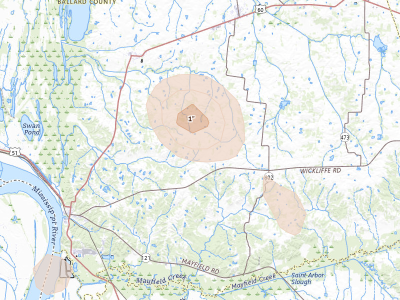 Radar-estimated hail-size map of the storm over Wickliffe, KY on Jul 8, 2026