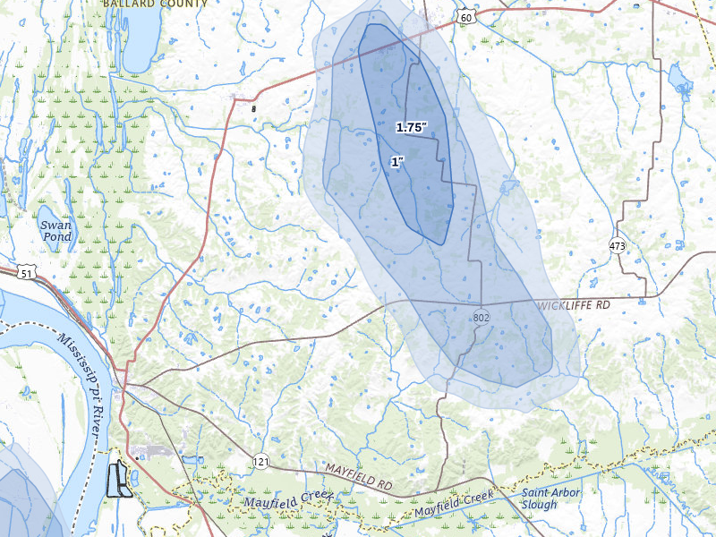 NEXRAD radar-signature map of the hail storm over Wickliffe, KY on Jul 8, 2026