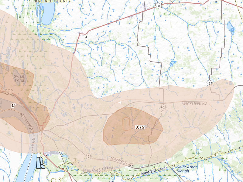 Radar-estimated hail-size map of the storm over Wickliffe, KY on Jul 9, 2026