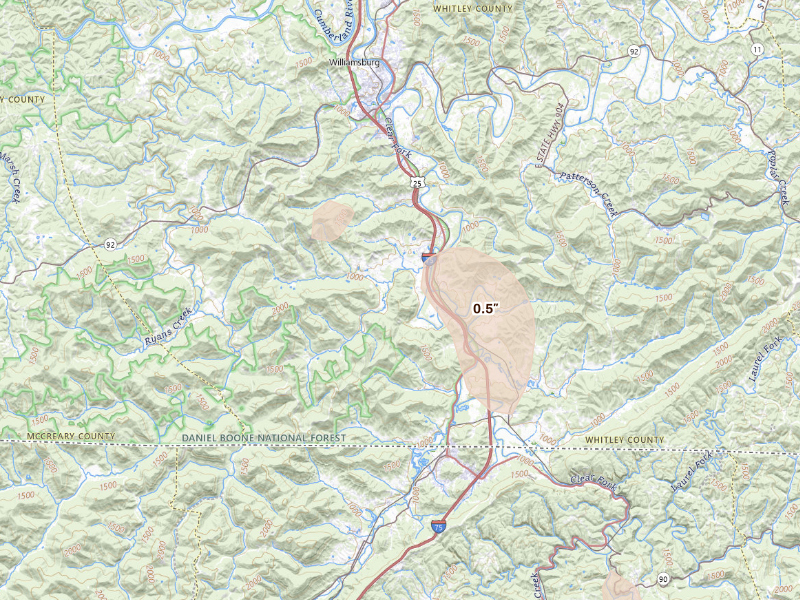 Radar-estimated hail-size map of the storm over Williamsburg, KY