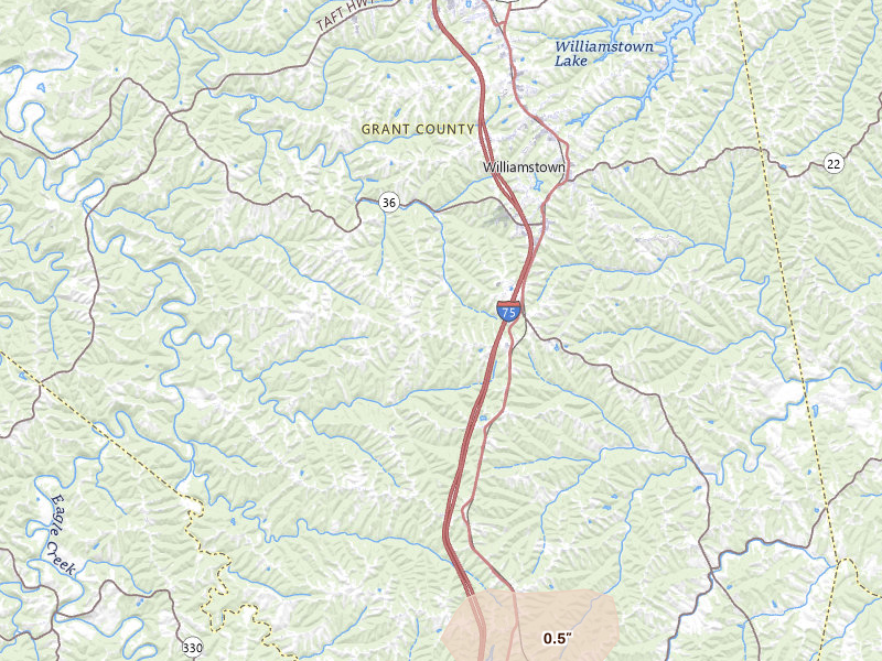 Radar-estimated hail-size map of the storm over Williamstown, KY on May 16, 2026