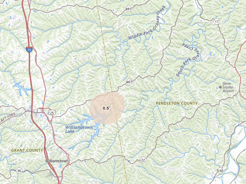Radar-estimated hail-size map of the storm over Williamstown, KY on Jun 25, 2026