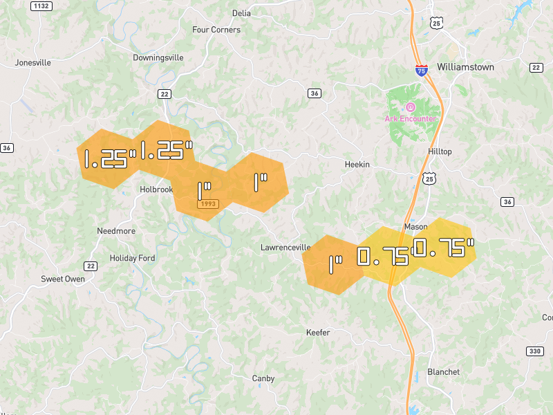Hail map of Williamstown, KY on Jul 21, 2026, hail up to 1.25"