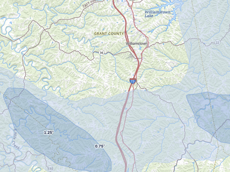 NEXRAD radar-signature map of the hail storm over Williamstown, KY on Aug 11, 2026