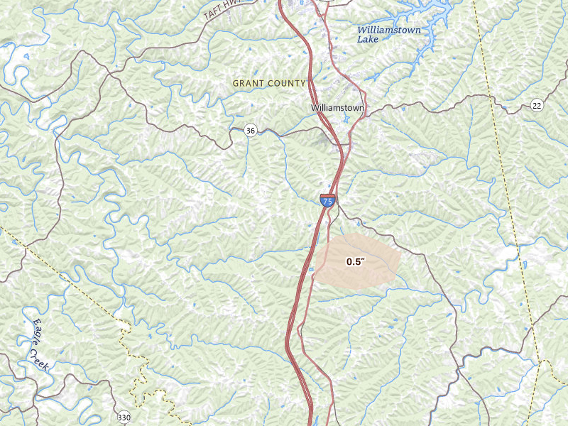 Radar-estimated hail-size map of the storm over Williamstown, KY on Aug 13, 2026