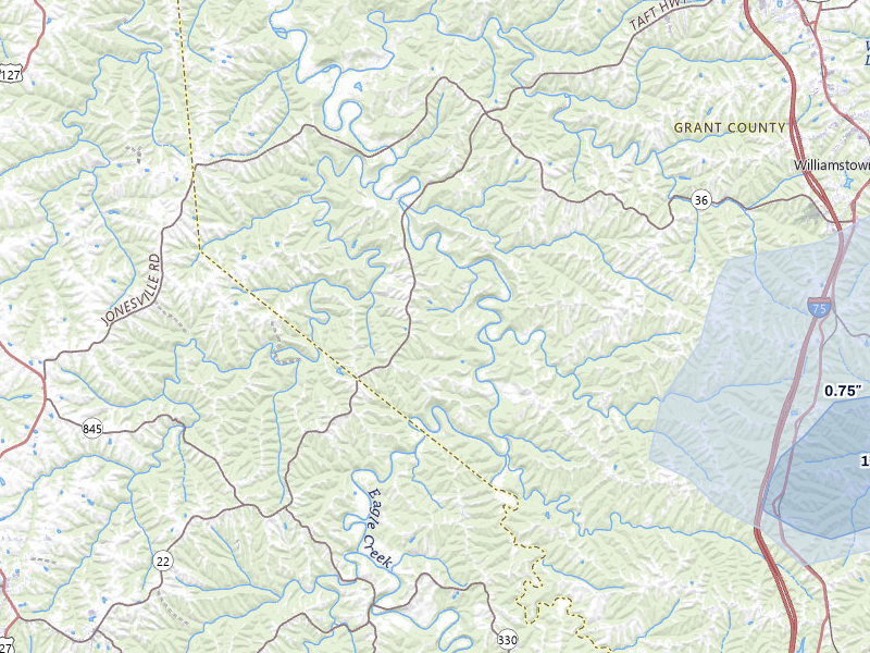 NEXRAD radar-signature map of the hail storm over Williamstown, KY on Aug 13, 2026