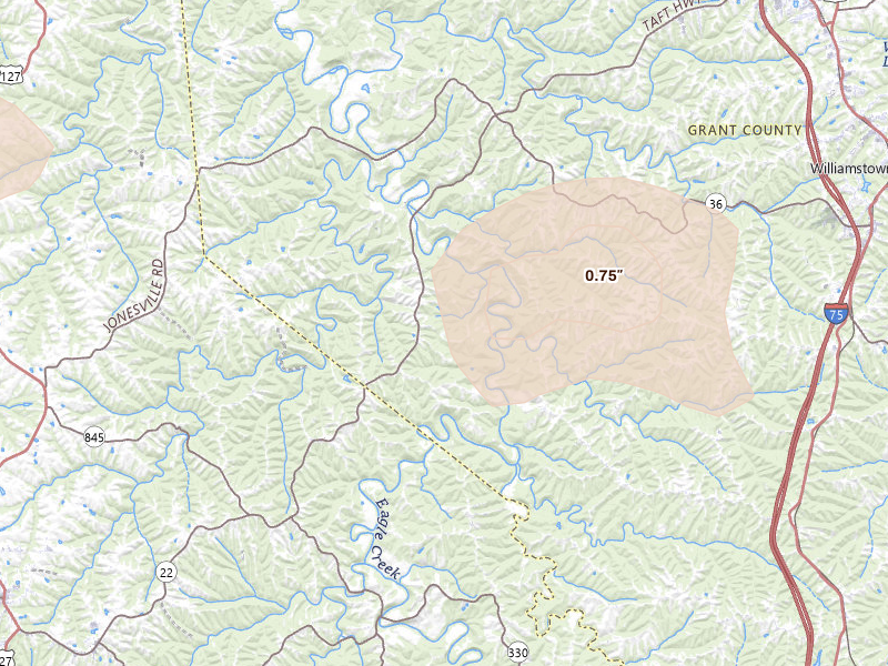 Radar-estimated hail-size map of the storm over Williamstown, KY on Aug 15, 2026
