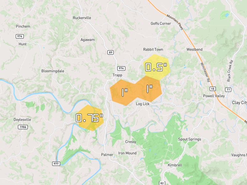 Hail map of Winchester, KY on Jul 11, 2026, hail up to 1"