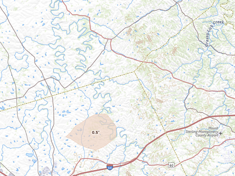 Radar-estimated hail-size map of the storm over Winchester, KY on Aug 13, 2026