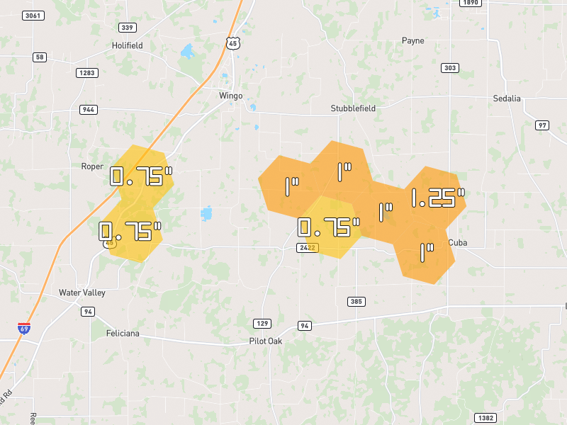 Hail map of Wingo, KY on Jun 1, 2026, hail up to 1.25"