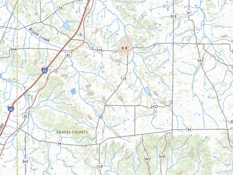 Radar-estimated hail-size map of the storm over Wingo, KY on Aug 19, 2026