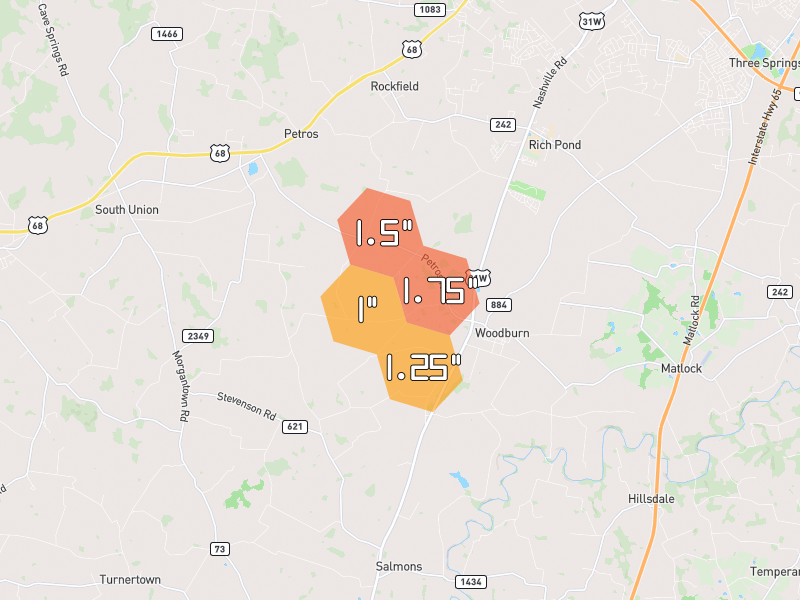 Hail map of Woodburn, KY on Jul 3, 2026, hail up to 1.75"