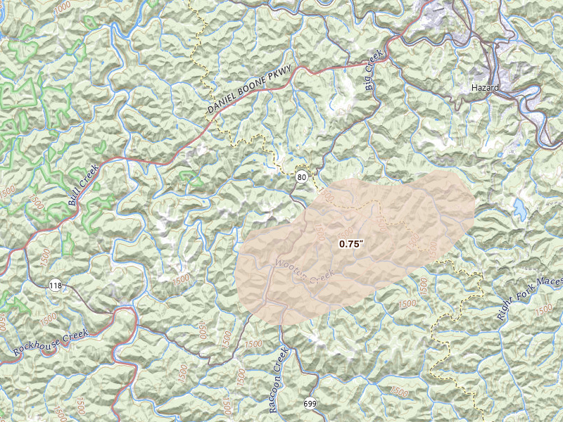 Radar-estimated hail-size map of the storm over Wooton, KY on Apr 1, 2026