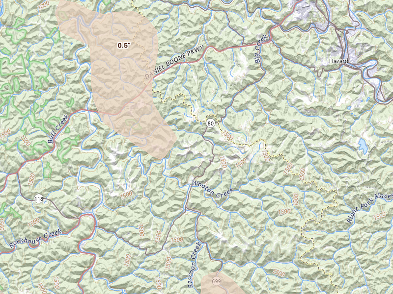 Radar-estimated hail-size map of the storm over Wooton, KY on Jul 28, 2026