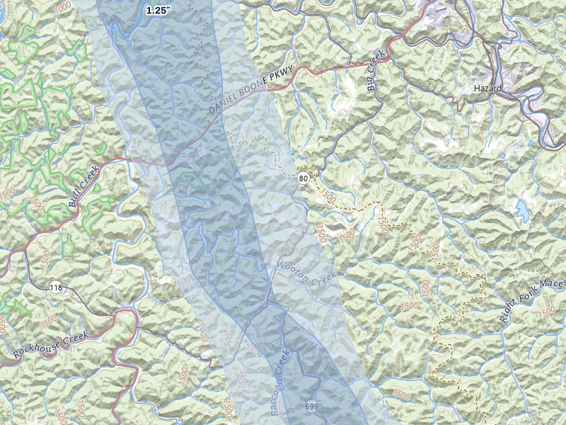 NEXRAD radar-signature map of the hail storm over Wooton, KY on Jul 28, 2026