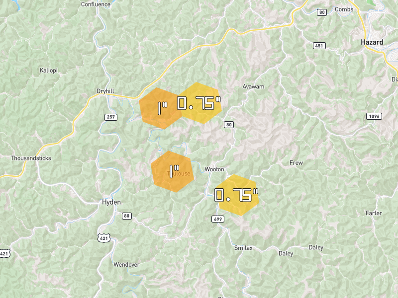 Hail map of Wooton, KY on Jul 28, 2026, hail up to 1"