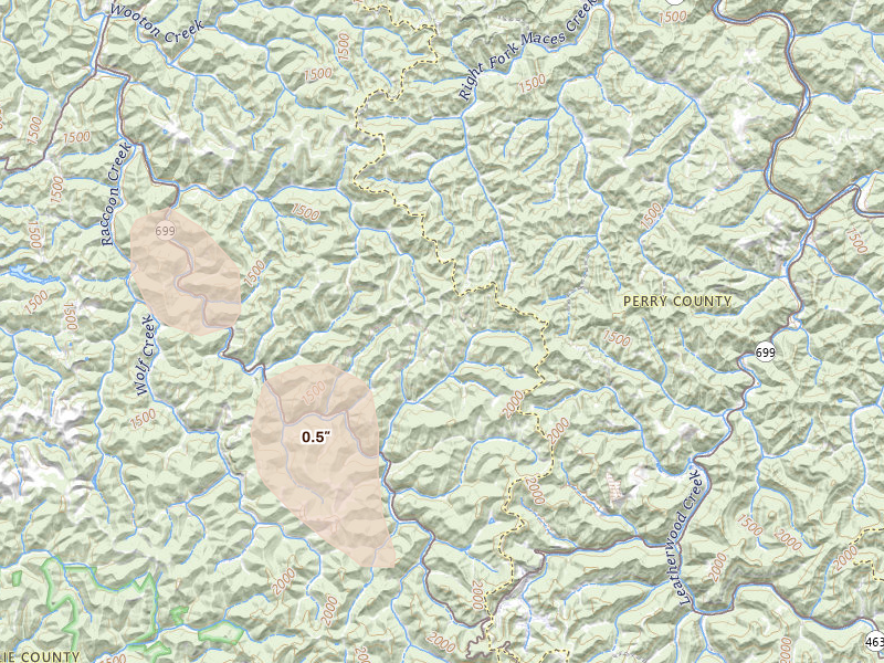 Radar-estimated hail-size map of the storm over Yeaddiss, KY on Jul 28, 2026