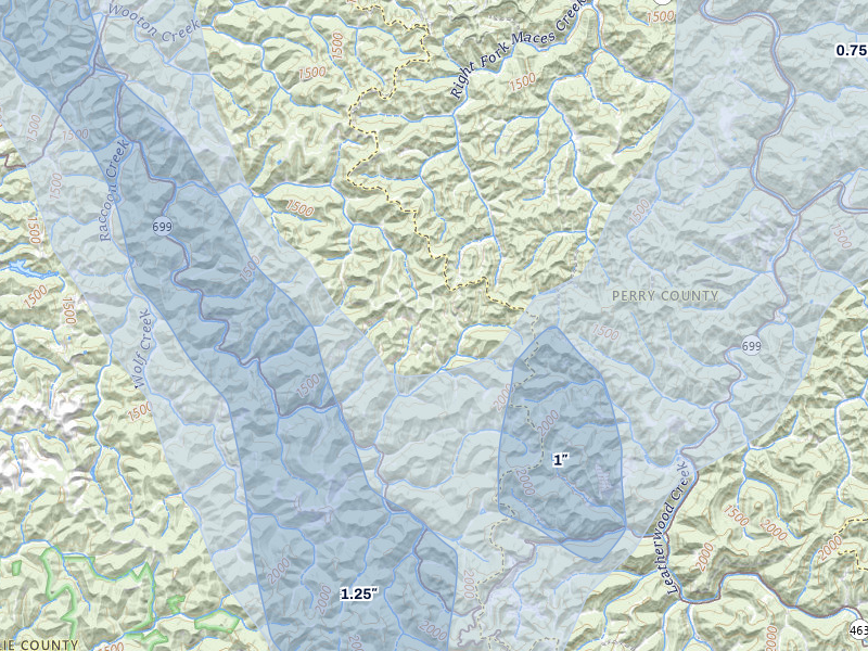 NEXRAD radar-signature map of the hail over Yeaddiss, KY