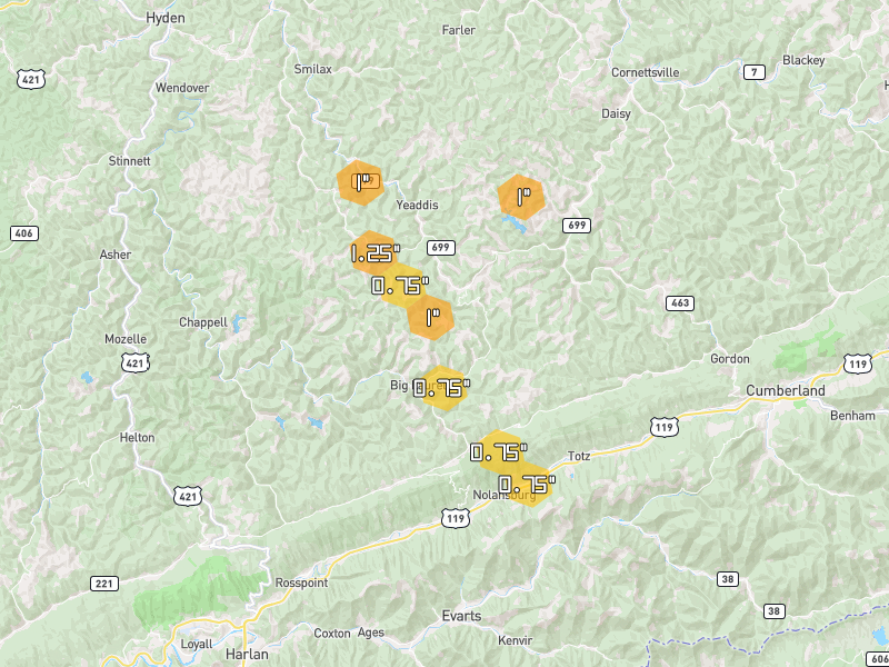 Hail map of Yeaddiss, KY on Jul 28, 2026, hail up to 1.25"