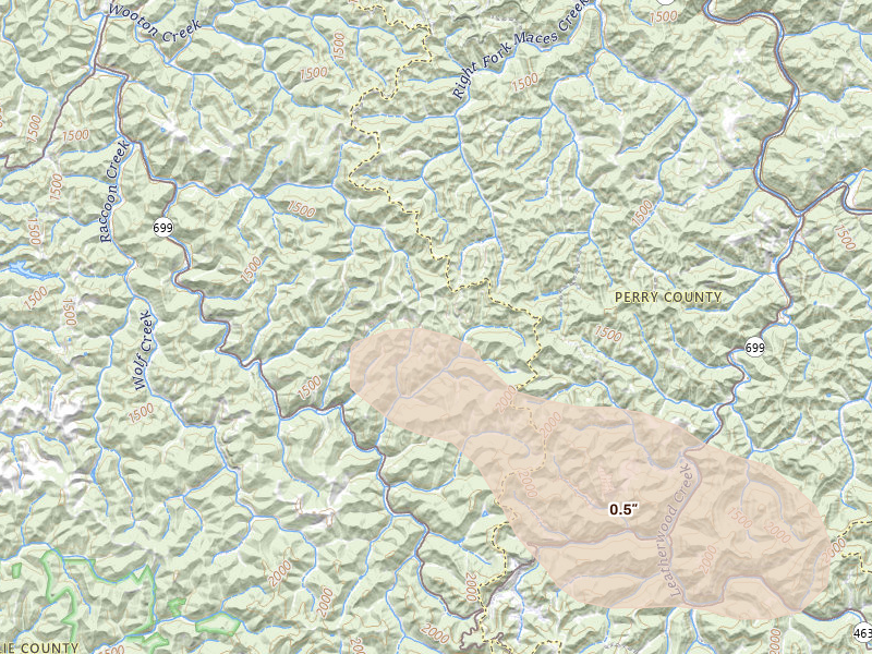Radar-estimated hail-size map of the storm over Yeaddiss, KY on Aug 11, 2026