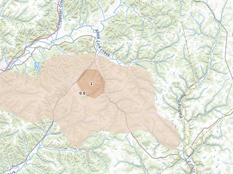 Radar-estimated hail-size map of the storm over Yosemite, KY on Aug 11, 2026