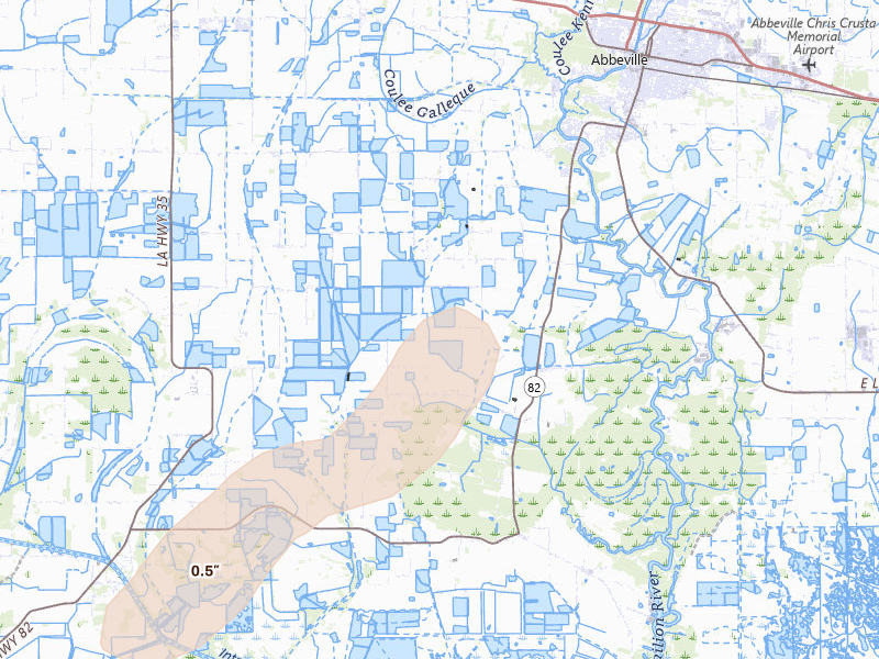 Radar-estimated hail-size map of the storm over Abbeville, LA on May 23, 2026