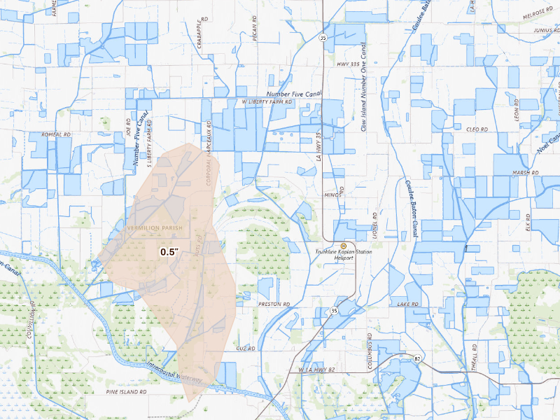 Radar-estimated hail-size map of the storm over Abbeville, LA