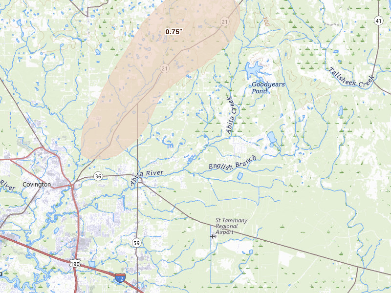 Radar-estimated hail-size map of the storm over Abita Springs, LA on Jul 5, 2026