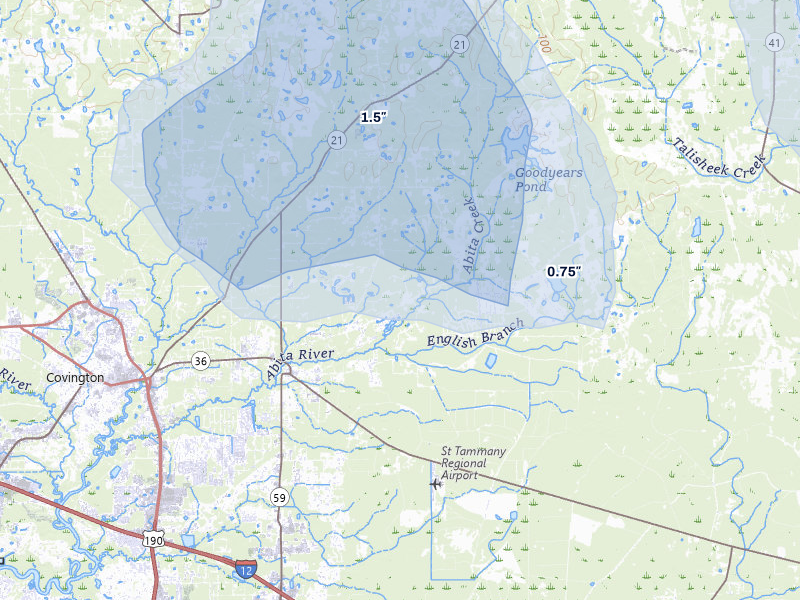 NEXRAD radar-signature map of the hail storm over Abita Springs, LA on Jul 5, 2026