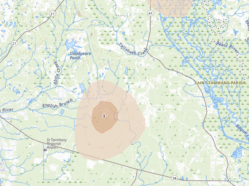 Radar-estimated hail-size map of the storm over Abita Springs, LA on Aug 21, 2026