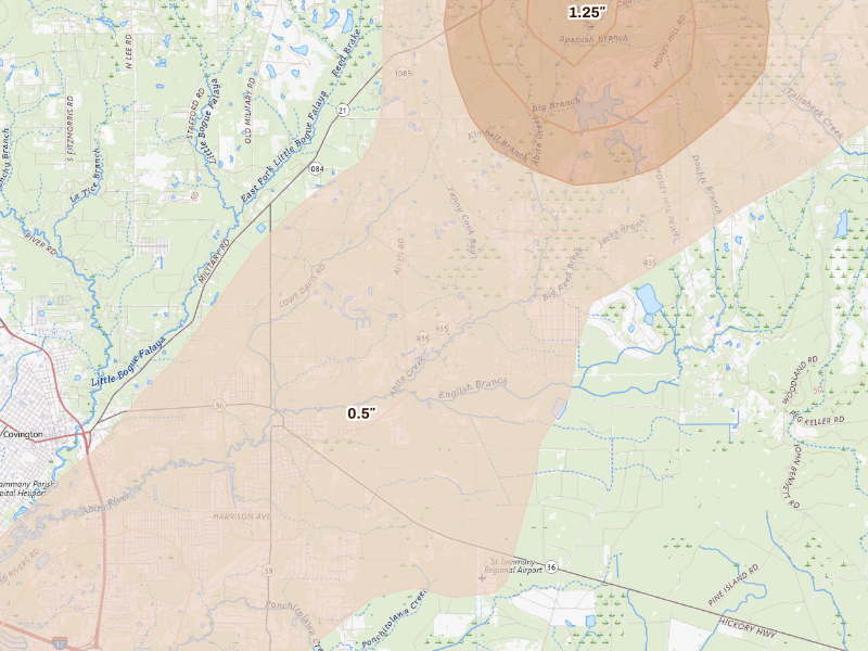 Radar-estimated hail-size map of the storm over Abita Springs, LA