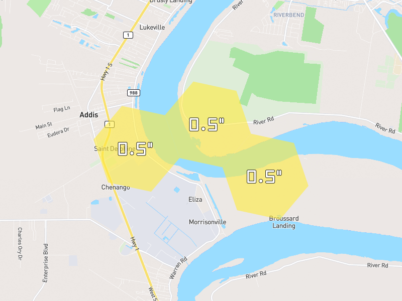 Hail map of Addis, LA on Jul 5, 2026, hail up to 0.5"