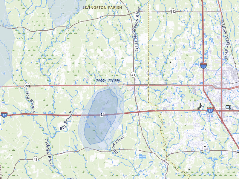 NEXRAD radar-signature map of the hail storm over Albany, LA on Mar 7, 2026