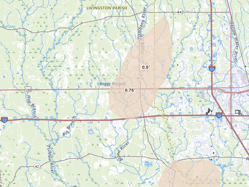 Radar-estimated hail-size map of the storm over Albany, LA on Aug 25, 2026