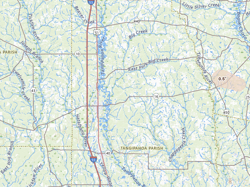Radar-estimated hail-size map of the storm over Amite, LA on Apr 26, 2026