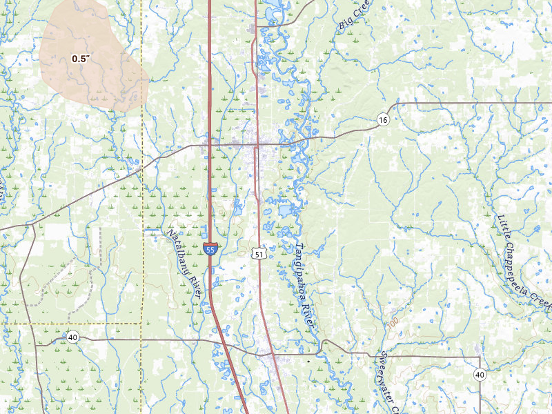Radar-estimated hail-size map of the storm over Amite, LA on Jul 1, 2026