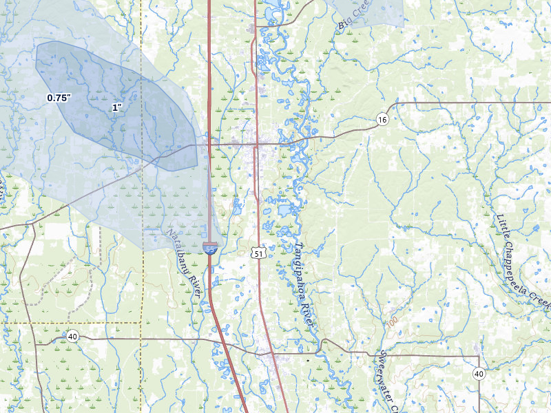 NEXRAD radar-signature map of the hail storm over Amite, LA on Jul 1, 2026