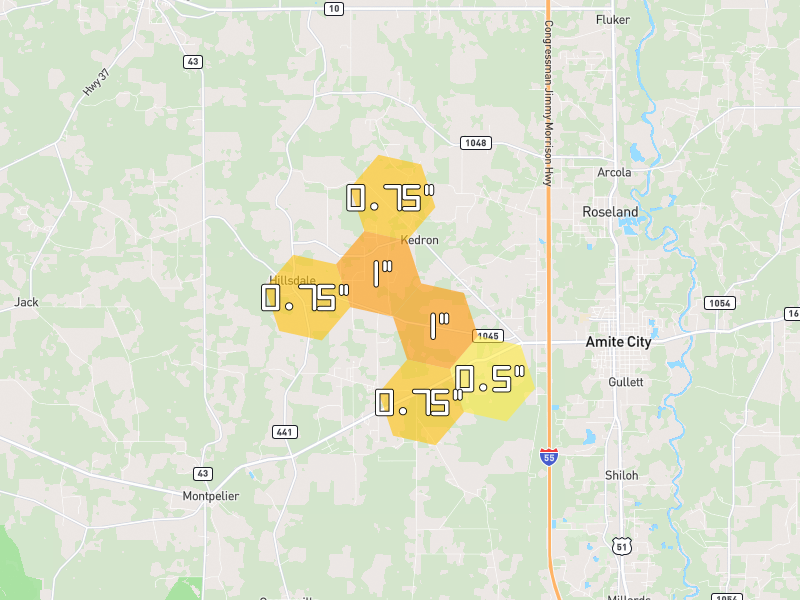 Hail map of Amite, LA on Jul 1, 2026, hail up to 1"