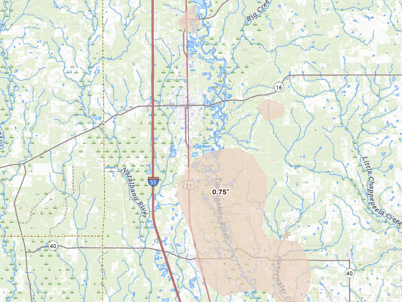 Radar-estimated hail-size map of the storm over Amite, LA on Jul 5, 2026