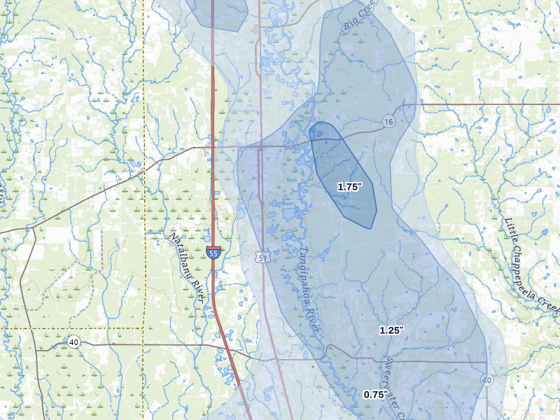 NEXRAD radar-signature map of the hail storm over Amite, LA on Jul 5, 2026