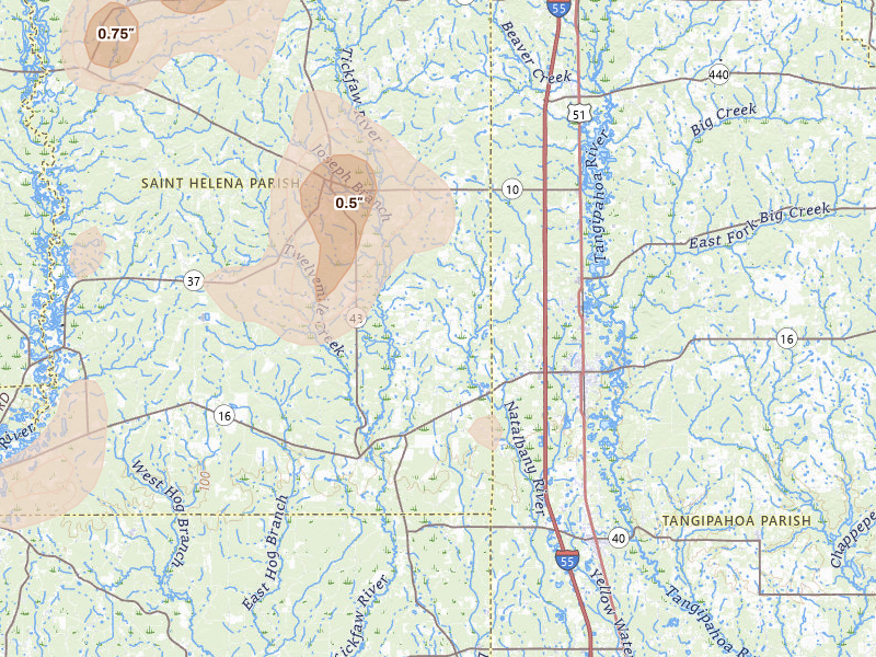 Radar-estimated hail-size map of the storm over Amite, LA on Aug 21, 2026