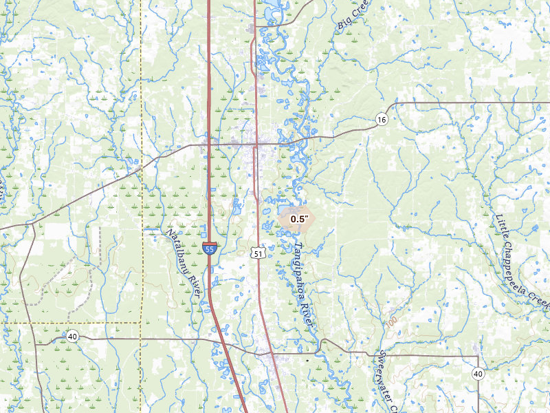 Radar-estimated hail-size map of the storm over Amite, LA on Aug 26, 2026
