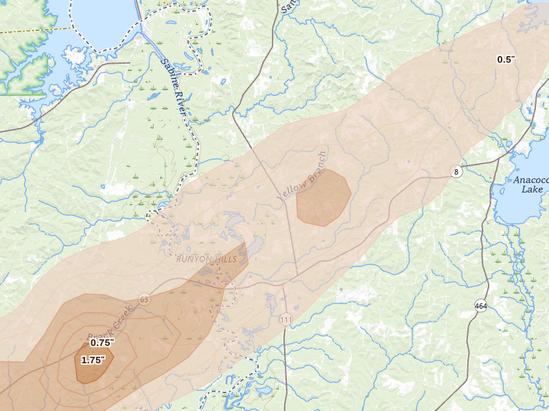 Radar-estimated hail-size map of the storm over Anacoco, LA on May 8, 2026